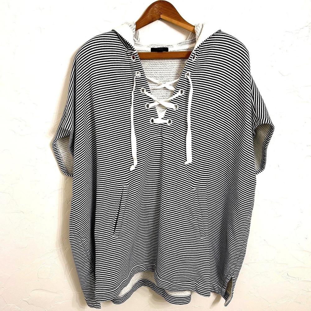 J. Crew Sweatshirt Blue White Hooded Lace-Up M/L  Poncho Beach Cover-Up Vacation
